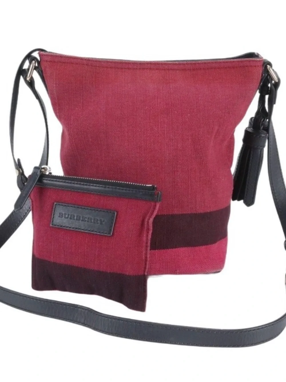 Burberry Ashby Canvas Shoulder Bag with Black Leather Trim and Pouch